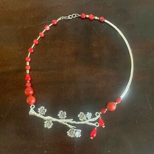Vintage silver necklace. Tree limb w/ flowers. Nice red beads and silver spacers